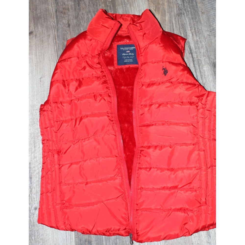 US Polo Assn Womens L Puffer Vest Cherry Red Fleece Lined Streetwear, Y2K Resort
